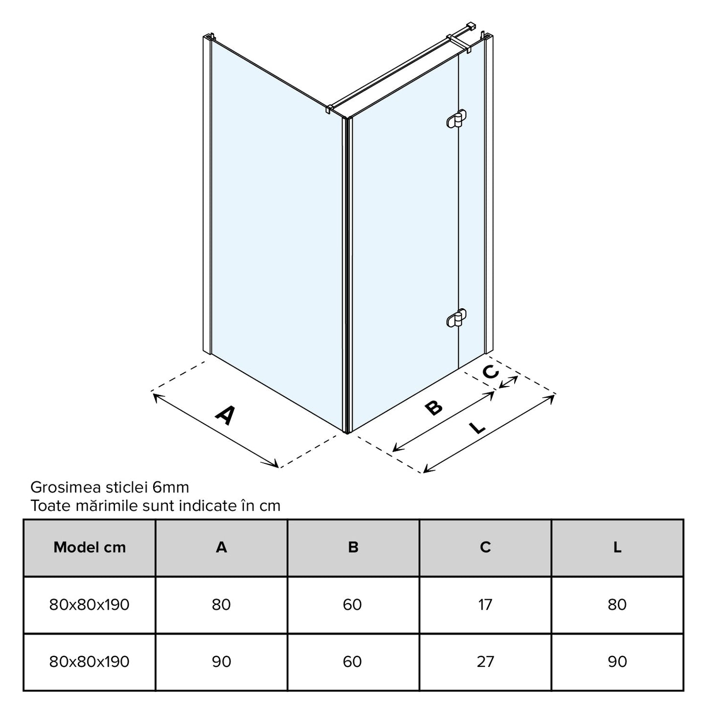 Cabină de duș pătrată Kubo sticlă transparentă 6MM