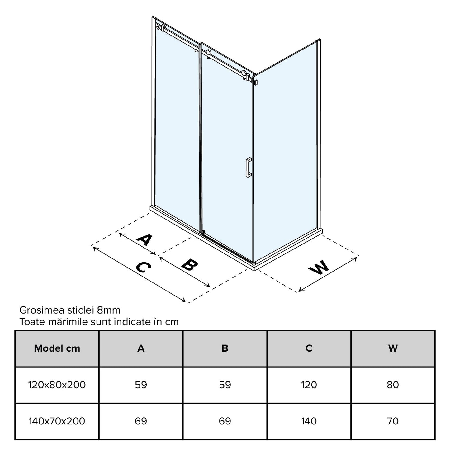 Cabină de duș dreptunghiulară Nova sticlă transparentă 8MM