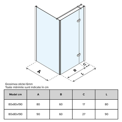 Cabină de duș pătrată Kubo sticlă transparentă 6MM